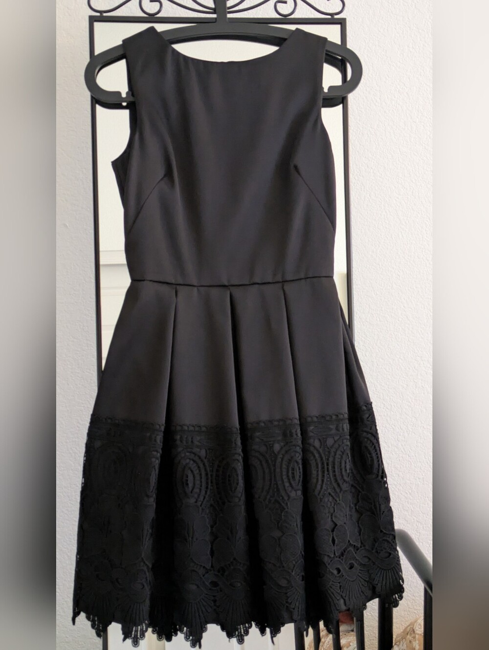 Black Fit and Flare Dress with Lace Hem And Pockets